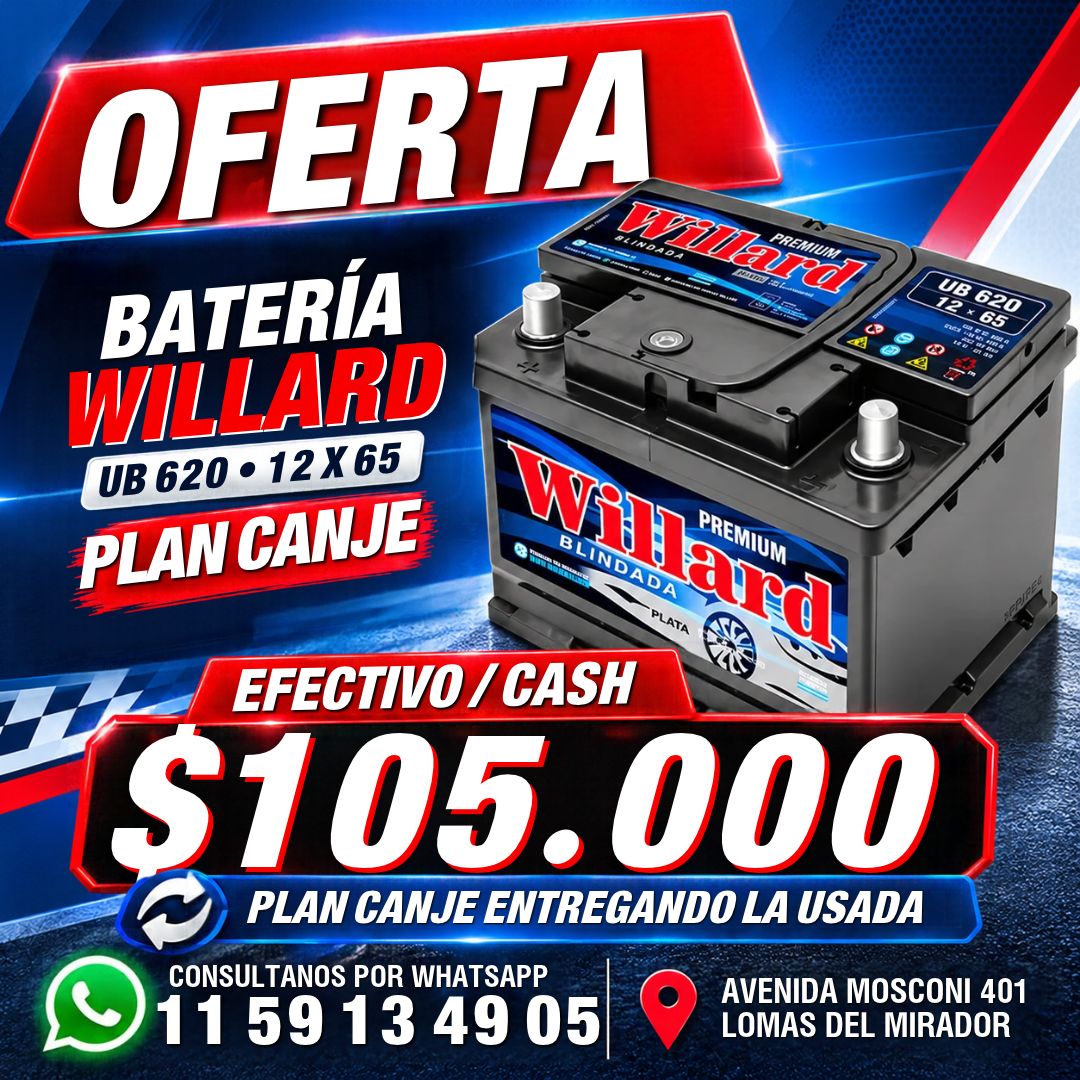 Oferta batería Willard UB620 12x65 con plan canje en efectivo, Baterías Mosconi Lomas del Mirador